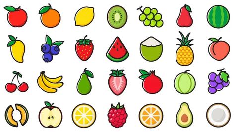 Download the Fruit icon set 688201 royalty-free Vector from Vecteezy for your project and explore over a million other vectors, icons and clipart graphics! Cute Fruit Doodles, Fruits Doodle, Fruit Doodle, Fish Background, Fruit Clipart, Fruit Icons, Fruits Drawing, Fruit Vector, Cute Alphabet