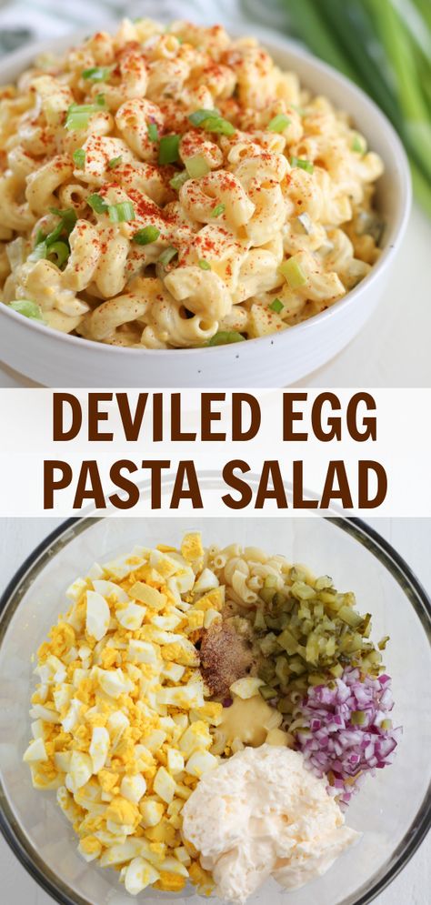 Deviled Egg Pasta Salad is going to be your go-to spring and summer side dish! Pasta, hard boiled eggs, red onion, and pickles in a creamy dressing. It tastes just like deviled eggs! Essen, Deviled Egg Pasta Salad, Egg Pasta Salad, Deviled Egg Pasta, Bbq Side Dishes, Summer Side Dish, Egg Pasta, Creamy Dressing, Salad Dishes