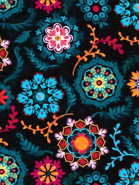 Suzani Inspired Pattern on Black by micklyn Black Art, Art Journals, Suzani Pattern, Black Duvet Cover, Black Flowers, Cute Backgrounds, Love Painting, Black Canvas, Print Fabric