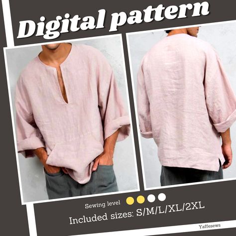 Mens T Shirt Pattern, Mens Shirt Pattern Sewing, Men Sewing Patterns, Drop Shoulder Pattern, Linen Men Shirt, Mens Shirt Pattern, Blouse Man, Shirt Sewing, Boho Men