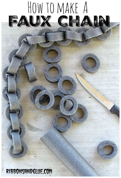 How to make Faux chains out of pipe insulation. Perfect for Halloween! Pirate Ship Table Diy, Harry Potter Decor Outdoor, Pirate Theme Table Decorations, Pirates Theme Decorations, Dark Halloween Decorations, Pirate Float Ideas, Zombie Room Decor, Pirates Of The Caribbean Decorations Diy, Halloween Stage Decorations