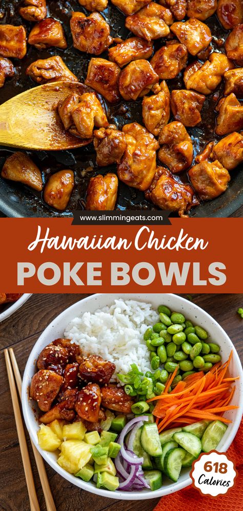 Indulge in the ultimate tropical feast with our Hawaiian Chicken Poke Bowl recipe! Enjoy tender sticky glazed chicken, fluffy rice, and a vibrant array of fresh vegetables with a drizzle of spicy mayo Mahi Mahi Rice Bowls, Macro Friendly Sushi Bowl, Meals For After Workout, Jane Brody Recipes, Huli Huli Chicken Bowl, Baja Chicken Grain Bowl, Fresh Meal Recipes, Asian Chicken Meal Prep, Hawaiian Chicken Bowl Recipe