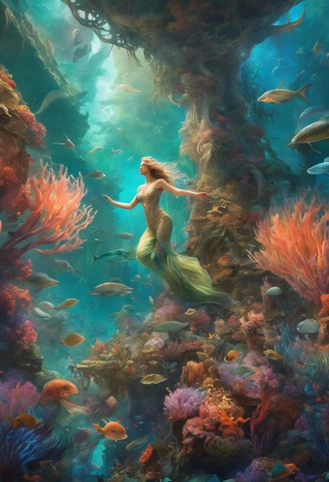 Vibrant Underwater Mermaids Check more: https://paintlyx.com/vibrant-underwater-mermaids/ Ocean Fantasy Art Underwater, Fantasy Underwater Art, Underwater City Fantasy Art, Underwater Mermaid, Mermaid Core, Sea Aesthetic, Mermaid Artwork, Mermaid Images, Artwork Wallpaper