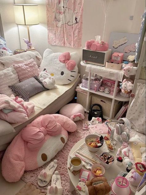 Sanrio my melody themed room Sanrio Bedroom, Sanrio Room, Hello Kitty Room Decor, Hello Kitty Bedroom, Kawaii Bedroom, Hello Kitty House, Hello Kitty Rooms, Pink Room Decor, Cute Bedroom Ideas