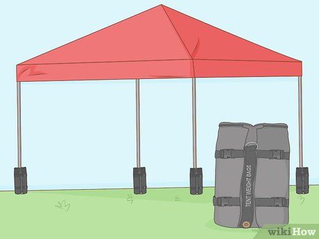 3 Ways to Hold Down a Canopy Tent on Concrete - wikiHow Diy Tent Canopy, Easy Up Tent, Tent Hacks, Canopy Weights, Patio Tents, Tent Weights, Portable Canopy, Portable Shade, Shade Tent