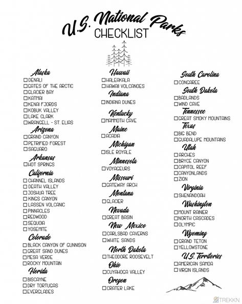 Updated with all 62 National Parks! Do you have a National Parks bucket list? If so, here's your free printable list of National Parks by state so you can check them off one by one.  Whether you're on the west coast and experiencing the beautiful mountains of Glacier National Park or you're in Florida walking past the alligators in Everglades National Park, each individual park has something special about it. #nationalparks #usa #printable #findyourpark Los Angeles, Gifts For Rv Owners, Us National Parks Map, Rv Essentials, List Of National Parks, Alaska National Parks, Arizona National Parks, Indiana Dunes, Everglades National Park
