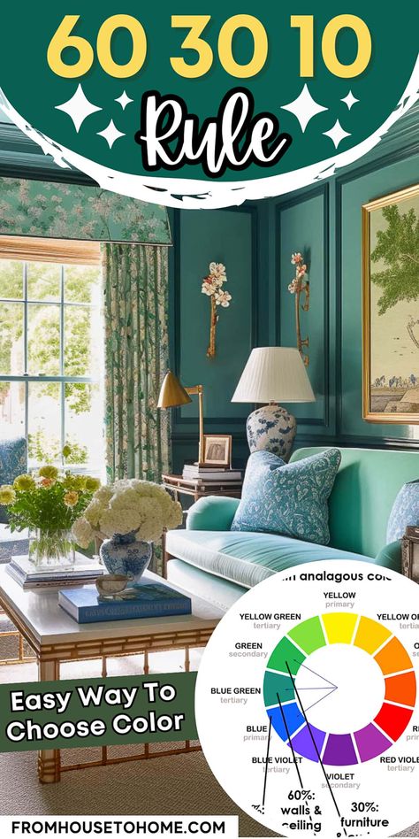 Decorating with the 60 30 10 Rule: An Easy Way To Choose Colors Colors That Go With Everything, Primary Color Scheme Interior Design, Cool Color Scheme Interior Design, Decorating With Bold Colors, Teal Wall Color Palette, House Decor Color Palettes, Mint And Teal Color Palette, Color Wheel For Interior Design, How To Pick Colors For Your Home