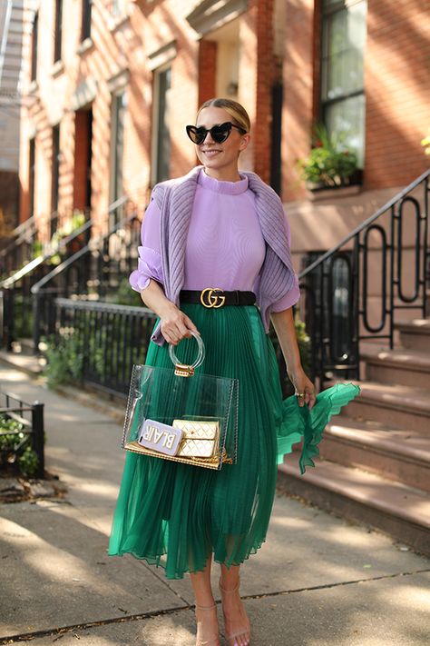 LILAC & GREEN // COLOR COMBINATIONS – Atlantic-Pacific Green Dress Outfit, Scarf Print Dress, Tulle Skirts Outfit, Bright Colored Outfits, Green Color Combinations, Colour Combinations Fashion, Color Combos Outfit, Color Blocking Outfits, Color Combinations For Clothes