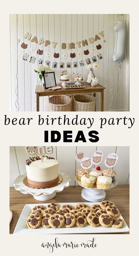 This bear themed birthday party for a 1-year-old boy features a teddy bear cake topper, bear paw cookies, a charming happy birthday banner and so much more. Teddy Bears Picnic 1st Birthday Party, Diy Bear Birthday Decorations, Teddy Bear One Year Old Birthday Cake, Bear Themed One Year Old Birthday, Teddy Bear Picnic 1st Birthday, Teddy Bear Picnic First Birthday Party, 1st Birthday Teddy Bear Picnic, Little Bear Birthday Party Nick Jr, Teddy Bear Picnic Themed Birthday Party