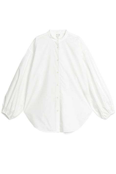 Buy Arket Poplin Shirt Online - Wardrobe ICONS. Handpicked essentials that you'll have and love forever. Manche, Jeans Overall, Collarless Shirt, Baby Trend, Satin Pumps, Outfit Trends, Blazer And Shorts, Puffy Sleeves, Fancy Dress Costumes