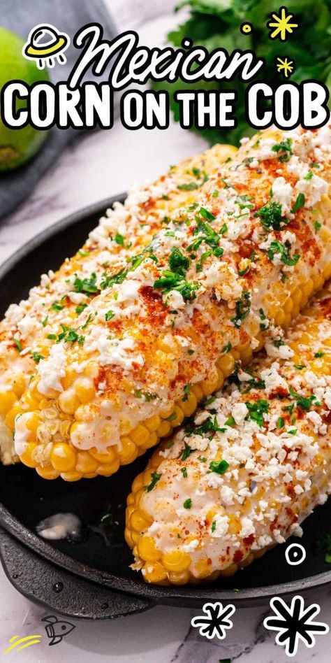 This Elote or Mexican street corn on the cob is a grilled sweet corn topped with yummy homemade Mexican crema, spicy chipotle, and fresh cotija cheese. Street Corn On The Cob, Mexican Street Corn Recipe, Street Corn Recipe, Thanksgiving Menu Ideas, Mexican Street Corn, Street Corn, Mexican Street, Corn Recipes, Corn On The Cob