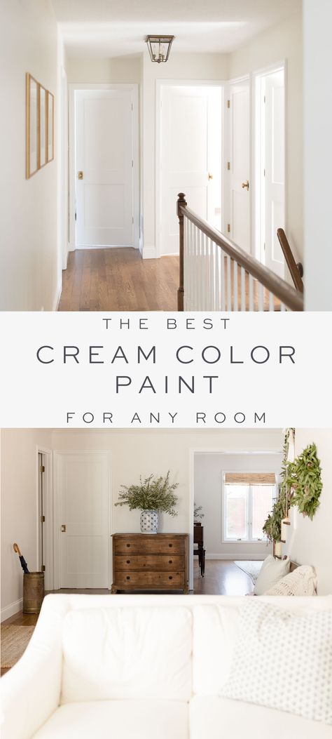 Cream color paint is a warm neutral wall color that fits just about every home and every room. The best cream paint colors for walls – these warm white paint colors are all around easy to use. Cream Wall White Trim, Light Cream Living Room Walls, Soft White Wall Paint, White Trim With Cream Walls, Cool Cream Paint Colors, White Walls With Dark Floors, Creamy Walls With White Trim, Farmhouse Cream Paint Colors, Neutral Home Wall Colors