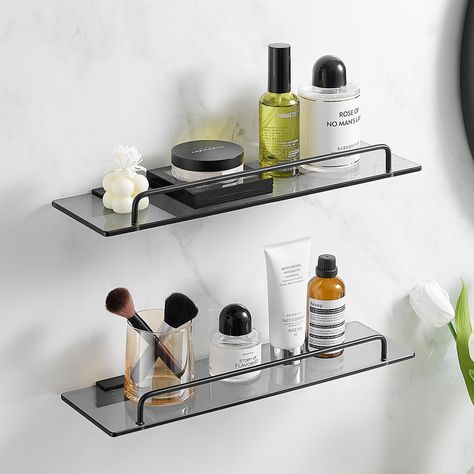 PRICES MAY VARY. 💯【Large Capacity & Multi-Purpose】The size of The glass bathroom shelf is 15.75"(L)x4.72"(W)x 2.36"(H)—2 tier, which provides you with plenty of storage space, able to hold a variety of toiletries, towels, and other bathroom essentials. It helps you arrange these items in an organized way to make your bathroom more tidy, and at the same time, it is convenient for you to access what you need at any time. It is not only suitable for bathrooms, but also for powder rooms, toilets, k Bathroom Glass Shelf, Shelf With Rail, Glass Bathroom Shelves, Glass Shelves In Bathroom, Minimalist Design Style, Floating Shelves Bathroom, Shelves Wall, Bathtub Accessories, Design Aesthetics