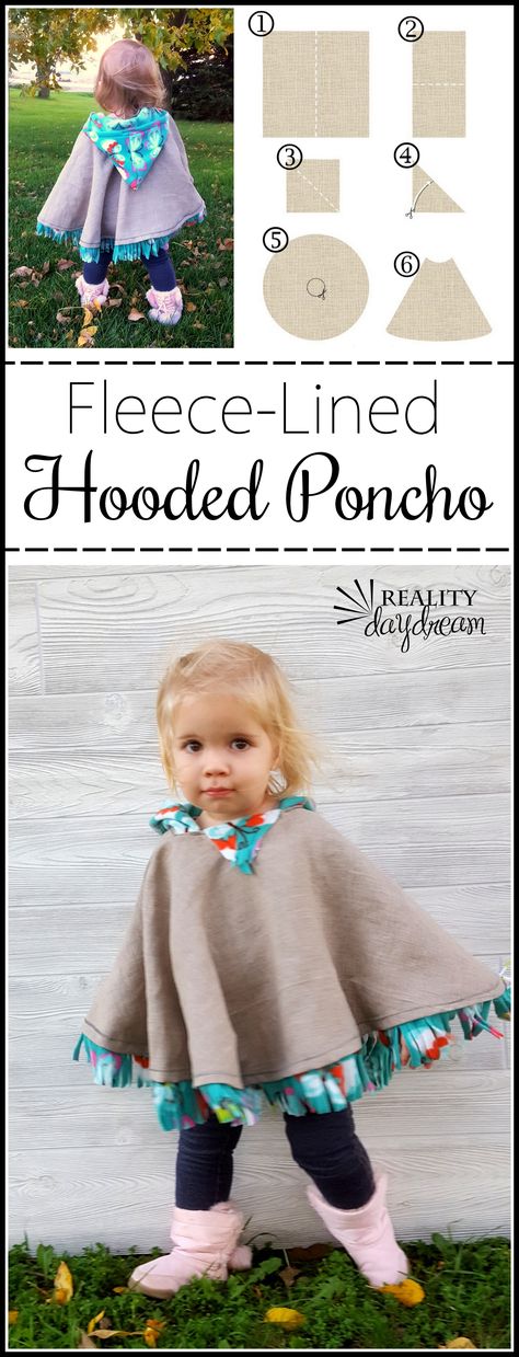 This fleece-lined hooded poncho could be a jacket OR winter coat for a toddler! And sooooo cute! {Reality Daydream} Sew Ins, Poncho Au Crochet, Fleece Projects, Diy Sy, Car Seat Poncho, Trendy Sewing, Hooded Poncho, Poncho Pattern, Baby Projects