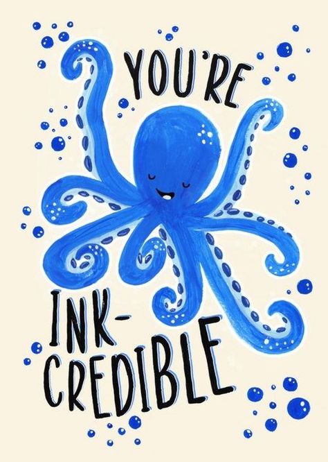 Fun Ink-Credible Illustrated Blue Octopus Birthday Greetings Card Good Luck Puns, Positive Cards Ideas, Pop Out Cards Diy, Card For Boyfriend Cute, Fun Card Ideas, Swimming Drawing, Ocean Puns, Octopus Swimming, Octopus Birthday