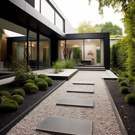 There are many ways to create a stunning low-water garden and a great approach is to add hardscaping. Here are some ideas to give you inspiration on creating a landscape with minimal water use. Minimal Outdoor Landscaping, Landscape Design Modern House, Modern Gardening Ideas, Modern Hardscape Front Yard, Modern Minimalist Garden Design, Modern Low Maintenance Landscaping, Palm Tree Landscape Ideas Backyards, No Maintenance Backyard, Home Courtyard Ideas