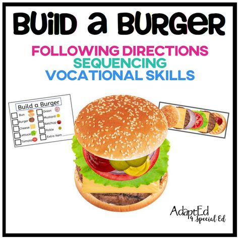Build a Burger | AdaptEd 4 Special Ed Build A Burger, Aba Materials, Toy Library, Vocational Activities, Vocational Tasks, Work Bins, Functional Life Skills, Vocational Skills, Sped Classroom