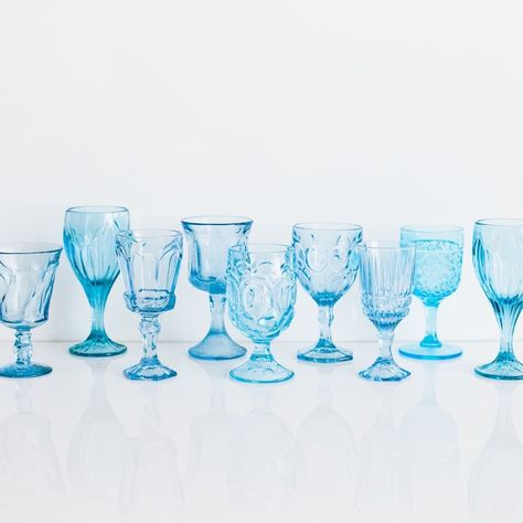 borrowed BLU on Instagram: “One of our favorite glasses in our pressed glass collection is our Light Blue Pressed Goblets! 💙 What's yours!? Photography: @meganwelker” Angeles, Pressed Glassware, Party Glassware, Kids Table Wedding, Copper Tumblers, Wedding Glassware, Joshua Tree Wedding, Blue Glassware, Luxury Tableware