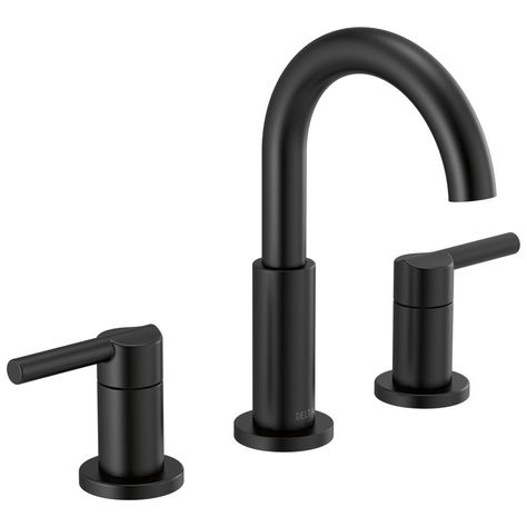 Fits 3-hole 6-16 in. installations. Includes matching finish plastic pop-up drain assembly. ADA compliant. Two lever handles allow for precise adjustment of water temperature. WaterSense® labeled faucet uses at least 20% less water than the industry standard without compromising performance. Lifetime limited warranty. Delta Nicoli Matte Black 2-Handle Widespread WaterSense Bathroom Sink Faucet with Drain | 35749LF-BL Delta Nicoli, Matte Black Bathroom Faucet, Black Faucet Bathroom, Black Bathroom Sink, Black Bathroom Faucet, Matte Black Bathroom, Black Faucet, Bathroom Sink Drain, Cultured Marble