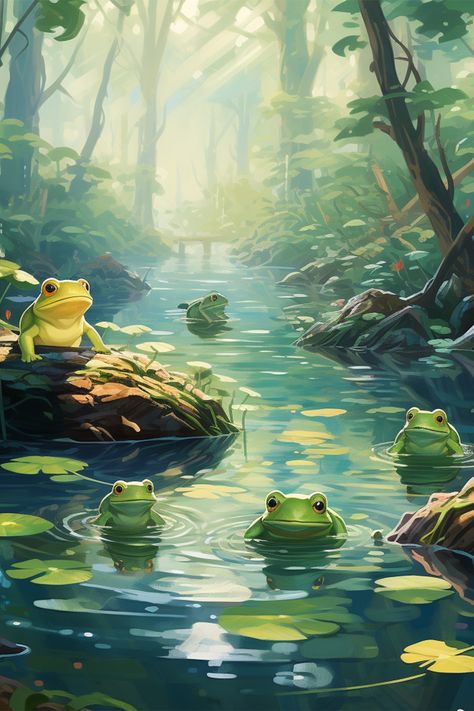 frogs in ponds illustration, studio ghibli, studio ghibli aesthetic, greens, blues, frogs on a log, pond, lily pond, lush forest, nature Kawaii, Cute Pond Art, Frog In Pond Drawing, Frog In Pond Illustration, Pond Reference Drawing, Frog Pond Painting, Pond Illustration Art, Frog Pond Aesthetic, Pond Landscaping Drawing