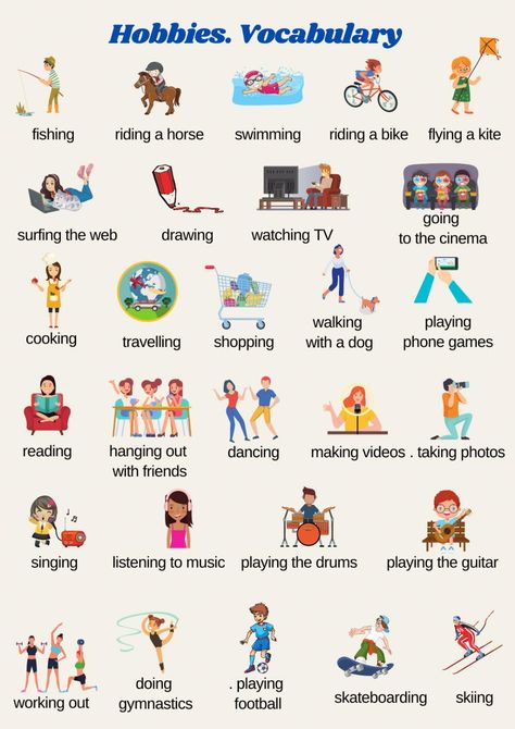 Hobbies online worksheet for Grade5. You can do the exercises online or download the worksheet as pdf. What We Can Do In Free Time, Vocabulary For Grade 1, Hobbies Vocabulary English, What Can I Do In My Free Time, Hobbies Worksheet English, Hobbies Worksheet For Kids, My Hobby Worksheet, English Exercises For Kids, Simple English Words