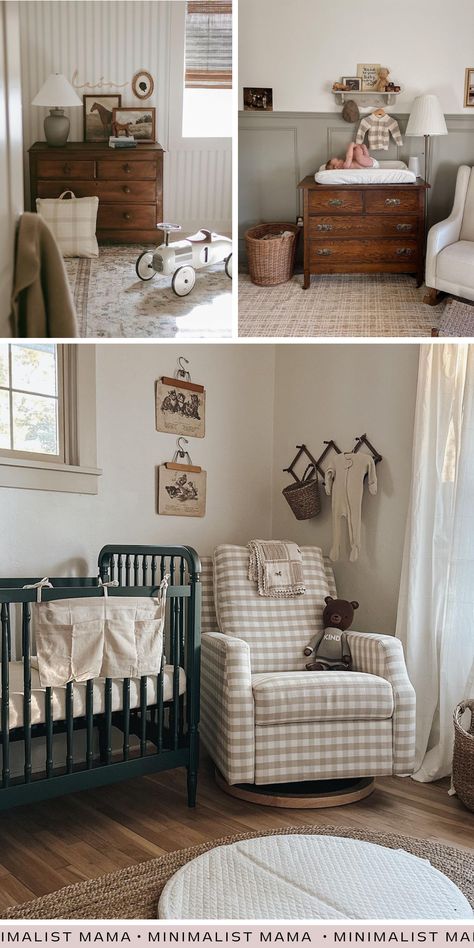 Nature Inspired Nursery Ideas, Brown Crib Nursery Gender Neutral, Vintage Nursery Inspiration, Vintage Dresser Changing Table, Vintage Nursery Ideas Boy, Gender Neutral Vintage Nursery, Log Cabin Nursery, Vintage Nature Nursery, Coastal Cottage Nursery