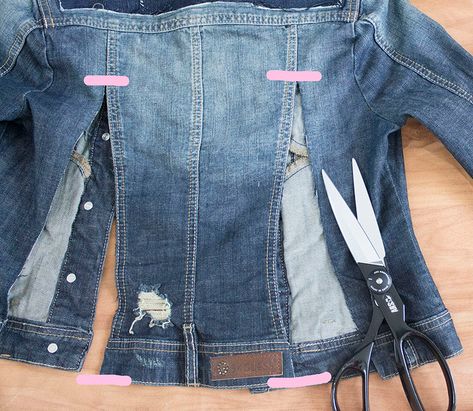 Sew Much Love, Mary: Madewell Inspired Distressed Denim Jacket Refashion How To Alter A Denim Jacket, Denim Jacket Recycle Ideas, Denim Jacket Upcycling, Sew Denim Jacket, Repurpose Denim Jacket, Diy Jackets For Women, Denim Jacket Makeover Diy, Recycled Denim Jackets Ideas, Upcycled Denim Jacket Altered Couture