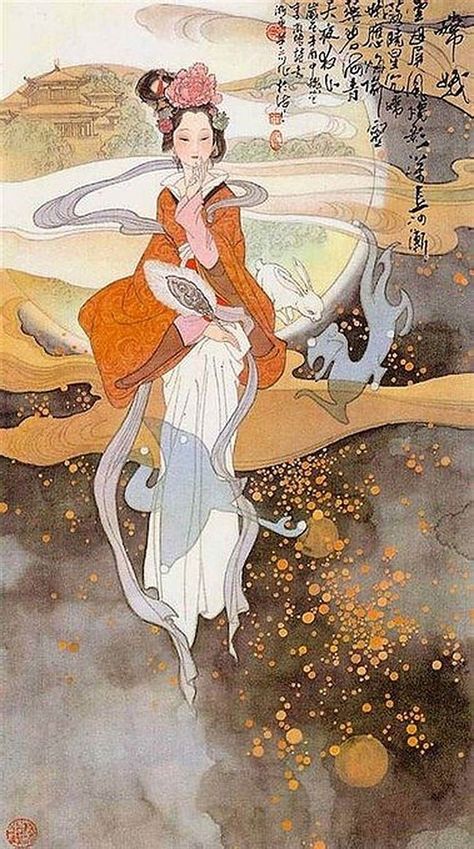 Chang E is a deity in ancient mythology living in the moon palace, accompanied by Jade Rabbit. Painted by artist Hua Sanchuan (华三川). Chang E Goddess, Ancient Chinese Mythology, Chang’e And Jade Rabbit, Mythological Aesthetic, Chinese Ancient Art, Hua Sanchuan, Chinese Moon Goddess, Chinese Witch, Ancient Chinese Painting
