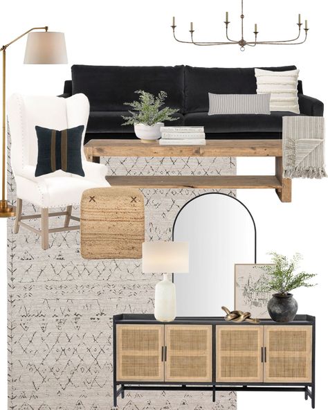 Living Room Mood Boards with Black, White and Wood Tones - Dear Lillie Studio Black Couch Living Room, Black Sofa Living Room Decor, Black Sofa Living Room, Black And White Living Room, Dear Lillie, Black Living Room, Living Room Wood, Wood Tones, Brown Living Room