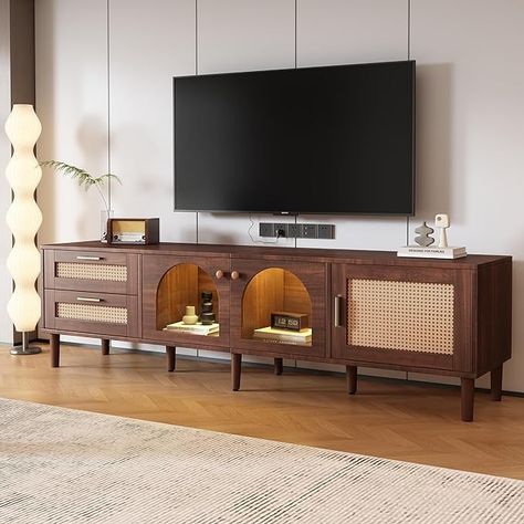 Amazon.com: Merax Rattan TV Stand with LED Lights, 70" Entertainment Center with 3 Cabinets & 2 Drawers Media Console Table for TVs Up to 80", Solid Wood Feet, Living Room, Bedroom Furniture : Home & Kitchen Rattan Tv Stand, Tv Stand With Led Lights, Media Console Table, Led Tv Stand, Tv Stand Cabinet, Wooden Tv Stands, Console Table With Drawers, Living Room Cabinets, Entertainment Furniture