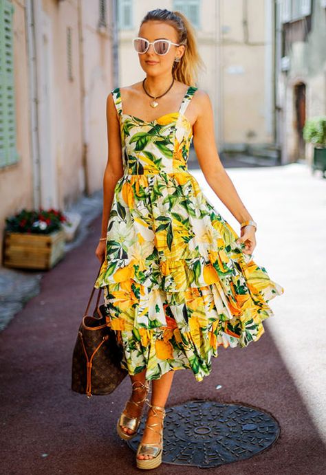 Lemon Print Dress Outfit, Dress With Lemon Print, Amalfi Coast Dress Theme, Lemon Print Clothing, Lemon Print Outfit, Lemon Dress Outfit, Talia Storm, Lemon Clothes, Floral Print Dress Outfit