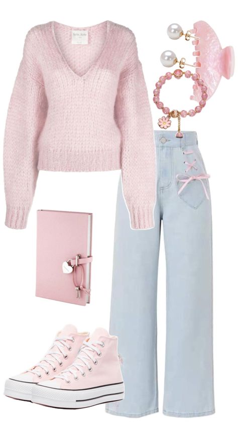 #ootd #coquette #casual #sweater #pink #outfitideas Coquette Casual, Cute Casual Outfit, Casual Preppy Outfits, Shein Outfits, Casual Sweater, Cute Preppy Outfits, Pink Cute, Easy Trendy Outfits, Cute Everyday Outfits