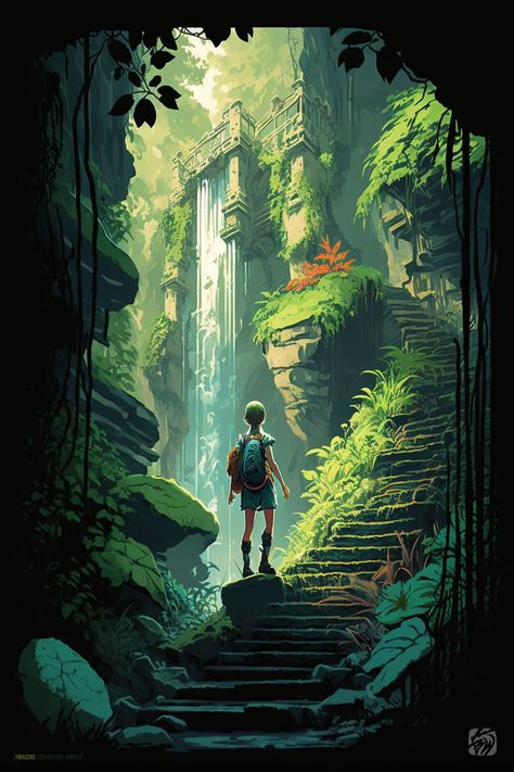 Step into a world of imagination and creativity with our stunning digital art design. Featuring elements of jungle punk and zibri-inspired style, this breathtaking masterpiece is a true feast for the eyes. Jungle River Illustration, Jungle Temple Concept Art, Jungle Explorer Character Design, Fantasy Jungle Art, Jungle Explorer Aesthetic, Jungle Fantasy Art, Jumanji Poster, Shirt Digital Art, Green Digital Art