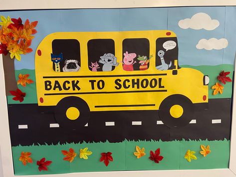 School Library Bulletin Boards For Fall, September Back To School Bulletin Boards, School Bus Library, Back To School Displays Library, All Characters Welcome Bulletin Board, Back To School Bus Bulletin Board, School Bus Bulletin Board Preschool, Back To School Fall Bulletin Boards, School Library Decorating Ideas Elementary