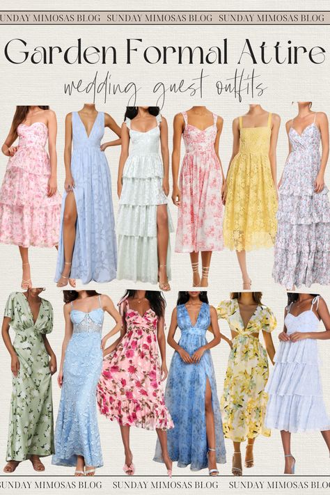 Colorful Garden Party Wedding Attire for Guest! We scoured the internet for the most beautiful Spring and Summer wedding guest dresses! If you're attending a garden party wedding, here are our favorite floral wedding guest dresses that you're going to love. Almost all of these are under $150 too! These would also work as a bridal shower outfit for guest, summer dinner party outfit or garden party outfit. Head to our most recent post for more garden formal wedding attire guest. Wildflower Wedding Guest Dress, Summer Formal Attire Wedding, Garden Engagement Party Outfit, Night Garden Party Outfit, Garden Wedding Entourage, Garden Party Chic Wedding Outfit Guest, Garden Dress Wedding Guest, Garden Theme Party Outfits, Spring Wedding Attire For Guest
