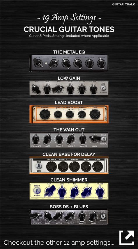 19 Guitar Amp Settings Diagrams with Pedal and Guitar Dials included, https://www.guitarchalk.com/guitar-amp-settings-guide/ #Guitar Guitar Amp Settings, Types Of Guitars, Akordy Gitarowe, Amp Settings, Music Theory Guitar, Music Mixing, Guitar Tech, Guitar Rig, Guitar Scales