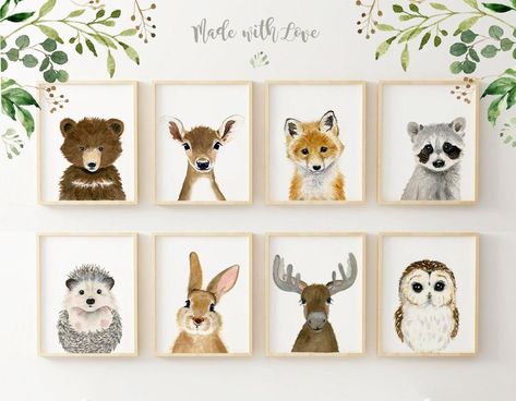 Nursery Decor Animal Theme, Forest Critters Nursery, Forest Animals Nursery Theme, Woodland Painting Nurseries, Mountain Animals Nursery, Forest Animal Baby Room, Woodland Neutral Nursery, Watercolor Woodland Animals Nursery, Hedgehog Themed Nursery