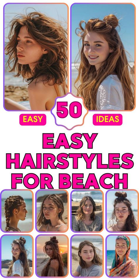 Get ready for a sun-filled day at the beach with our selection of easy hairstyles perfect for any sandy adventure. For those with medium to long hair, summer messy buns are a must-try. This quick and carefree style keeps your hair up and out of the way while you soak up the sun or splash in the waves. Pair this look with heatless curls overnight to add some texture before styling your bun for an effortlessly chic look that's as functional as it is stylish. Beach Hairstyles Bangs, Beach Photoshoot Hairstyles, Beach Long Hair Hairstyles, Beach Hairstyles For Frizzy Hair, Beach Hair Styles Curly Hair, Cute Hawaiian Hairstyles, Easy Hairstyles For Hot Days, Luau Hairstyles Easy, Swim Hairstyles For Long Hair