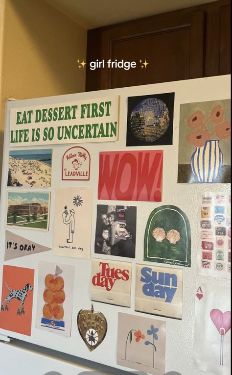 fridge Girl Fridge Aesthetic, Cluttered Fridge Door, Kitchen Fridge Aesthetic, Top Of Mini Fridge Decor, Diy Fridge Calendar, Decorated Mini Fridge, Fridge Gallery Wall, Decorate Mini Fridge, Polaroids On Fridge