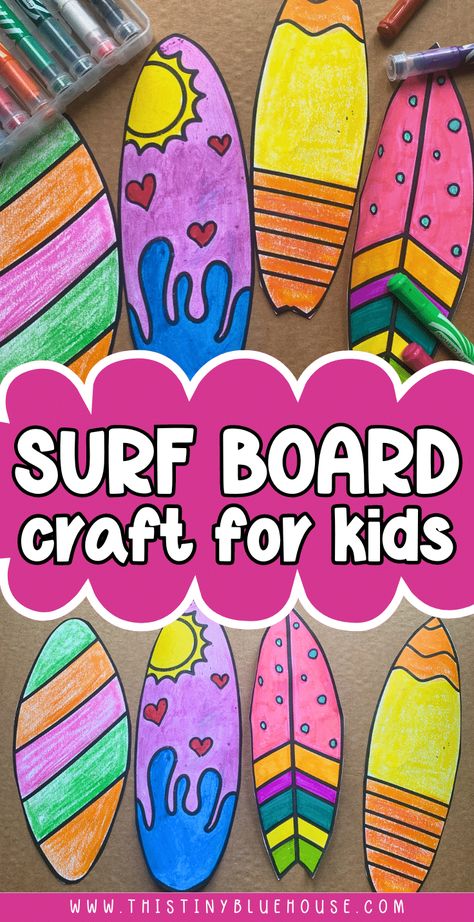 This fun surfboard craft for kids is so much fun to make. rnrnChildren use their creativity to create their own custom surf board using the materials of their choice.rnrnThis simple summer craft is a great choice for preschoolers, kindergarten students and even older children in elementary and high school.rnrnHead over to our website to score your free printable surf board template today. Ocean Theme Preschool Crafts Art Projects, Hawaiin Theme Activities, Simple Crafts For Preschool, Fun Summer Crafts For Elementary Kids, Cool Art And Craft Ideas, Preschool Ocean Crafts Art Projects, Beach Themed Art Projects For Kids, Preschool Hawaiian Crafts, Tropical Theme Activities For Kids