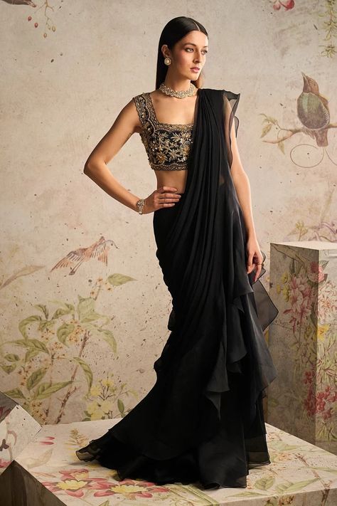 Buy This Combination of a Black Net Blouse With Gold Handwork and Online in India - Etsy Ridhi Mehra Saree, Black Drape Saree, Black Saree Aesthetic, Black Net Blouse, Black Sequin Saree, Sabyasachi Dresses, Black Sari, Black Blouse Designs, Farewell Sarees