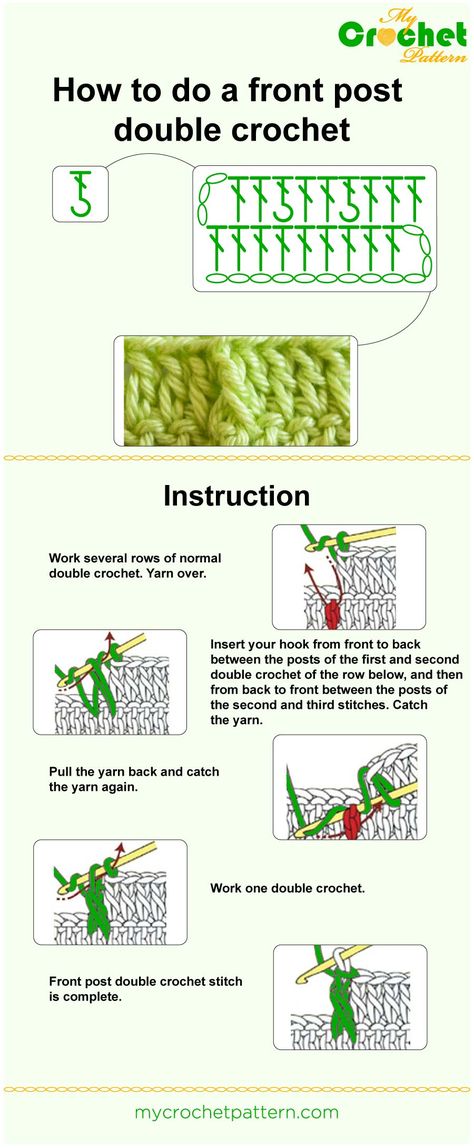 How to do a front post double crochet Amigurumi Patterns, Double Crochet Tutorial, 100 Crochet Stitches, Diy Crafts Crochet, Crochet Box, Back Post Double Crochet, Crochet Stitches Guide, Tunisian Crochet Stitches, Front Post Double Crochet