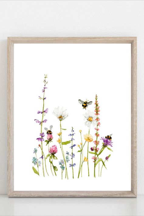 Wildflower Drawing, Bumble Bee Art, Watercolour Nursery Art, Bee Pictures, Wildflower Paintings, Bee Painting, Watercolor Clip Art, Clip Art Png, Bumble Bees