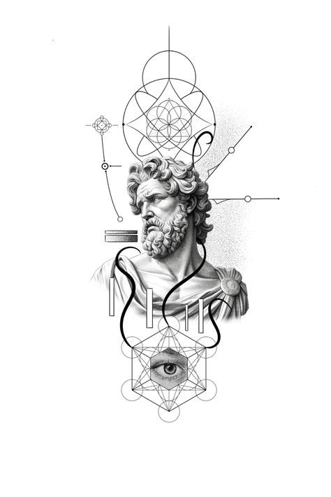 Greek bust concept, fine line Greek Mythology Geometric Tattoo, Greek Concept Tattoo, Fine Line Greek Tattoo, Fineline Animal Tattoo, Greek Fine Line Tattoo, Arm Geometric Tattoo, Ancient Greece Tattoo Ideas, Greek Mythology Tattoo Design, Socrates Tattoo