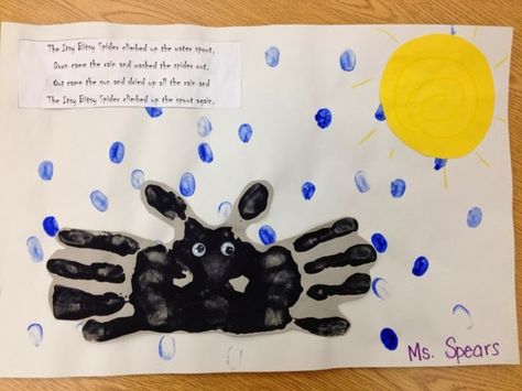 Itsy Bitsy Spider Handprint Poem art - PreK bugs theme Pandas, Spider Crafts Preschool, Itsy Bitsy Spider Activities, Spiders Preschool, Nursery Rhymes Preschool Crafts, Nursery Rhyme Art, Nursery Rhyme Crafts, Handprint Poem, Spider Activities