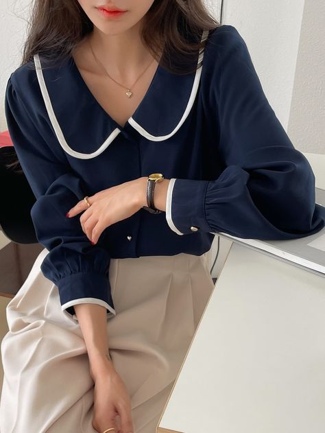 Navy Blue Tops For Women, Dark Blue Blouse Outfit, Navy Blouse Outfit, Navy Blue Blouse Outfit, Collar Blouse Outfit, Blue Blouse Outfit, Long Shirt Outfits, Ruffle Collar Shirt, Dark Blue Blouse