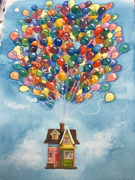 Up Disney Painting, Up Movie House Drawing, Up The Movie Paintings, Up Art Pixar, Up House Watercolor, Up The Movie Drawings, Movie Up Painting, Up House Painting Disney, House From Up Painting