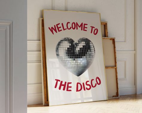 Disco Heart, Disco Ball Decorations, Disco Ball Print, Disco Print, To The Disco, Funky Aesthetic, Heart Poster, Funky Decor, Retro Wall Decor