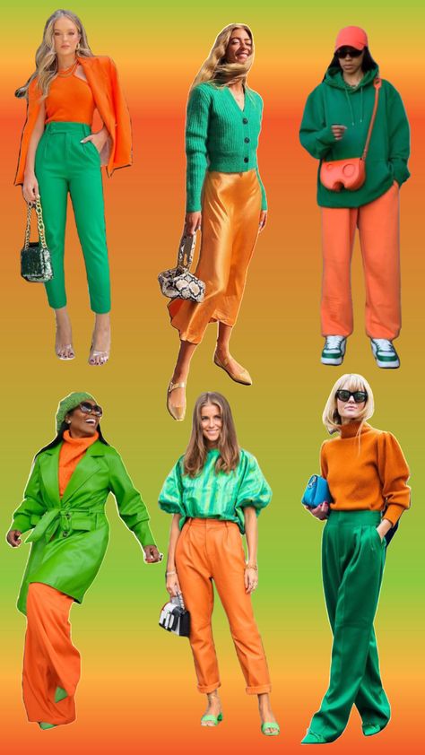 Orange and green outfit inspiration #orangeandgreen #outfitinspiration Green And Orange Color Block Outfit, Mint And Orange Outfit, Dark Green And Orange Outfit, Lime Green And Orange Outfit, Lime Green And Brown Outfit, Orange Yellow Outfit, Orange Green Outfit, Green Orange Outfit, Pantalon Naranja Outfits
