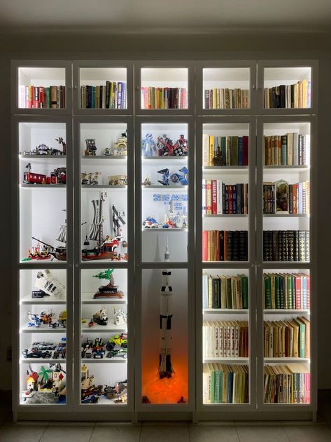 #ikeahack #ikeadiy #furniture Bookshelves In Office Study, Billy Bookcase With Lights, Bookshelves With Led Lights, Billy Bookcase Display Cabinet, Lego And Book Display, Bookshelf Lego Display, Billy Bookcase Entryway, Billy Bookcase Lights, Billy Display Cabinet